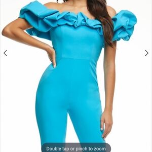 Ashley Lauren Turquoise Ruffle shoulder Jumpsuit 11058